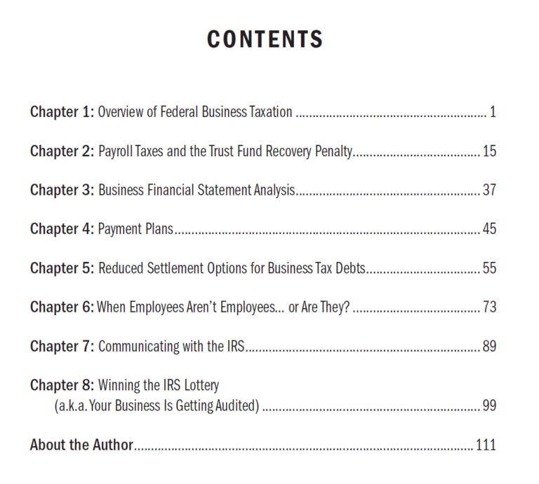 Your Business and the IRS a Survival guide contents